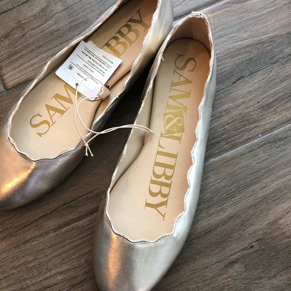 NWT Sam & Libby Round toe Gold ballet flats - Picture 3 of 5